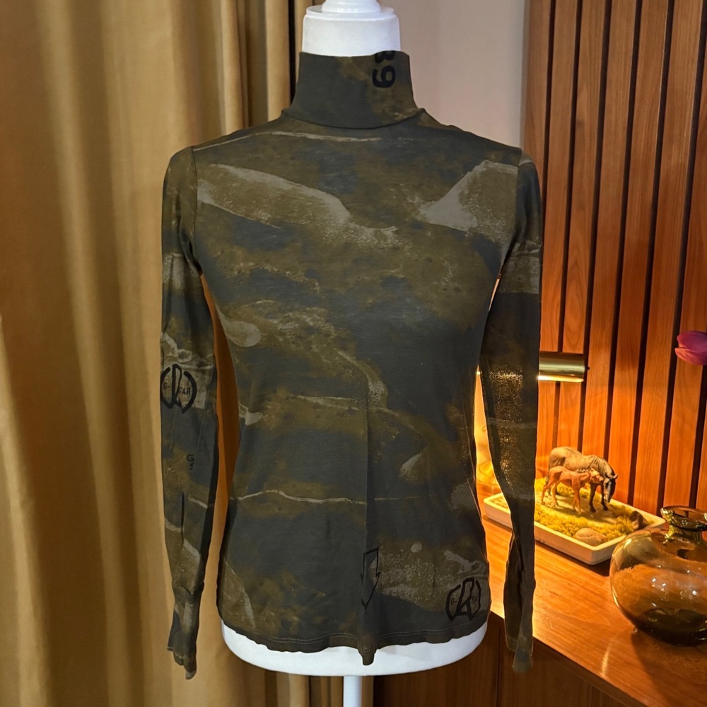 G-Star Raw Womens Abstract Camo Turtleneck Long Sleeve Graphic Top Olive Green M
